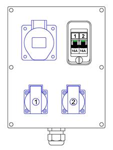 1 socle 32 mono CEE17 2 socles 16A NF 2 disjoncteurs 16A